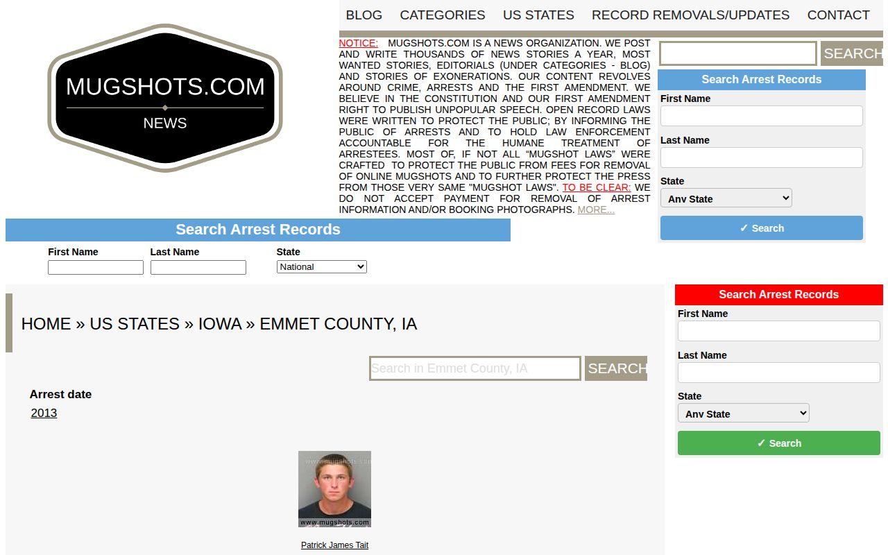 Unofficial Emmet County mugshot archive showing one old record